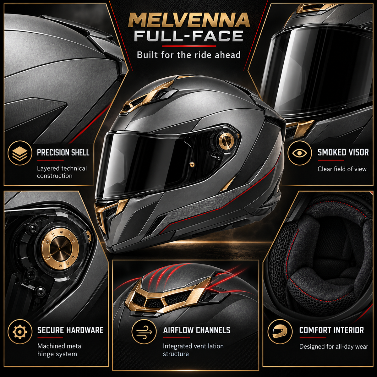 Melvenna Forge X1 helmet features and construction infographic